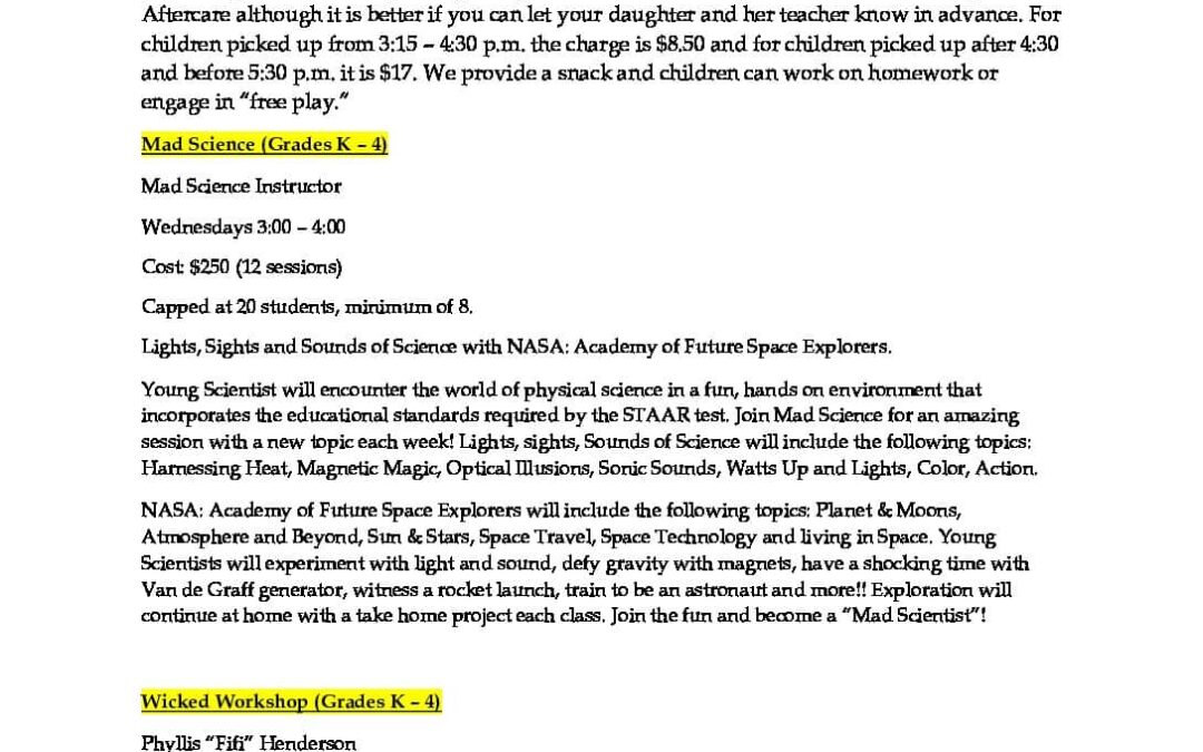 Fall After School Programs Descriptions 2021